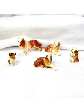 5 Vintage Porcelain Collie Sheltie Dogs Miniature figurines Hand-Painted